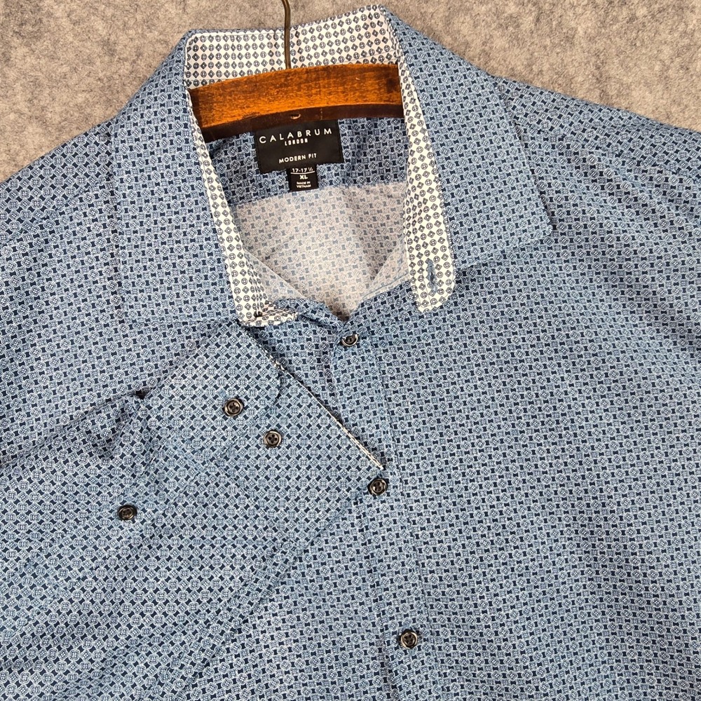 Calabrum London Mens XL Modern Fit Blue Geometric Long Sleeve Button Down Shirt